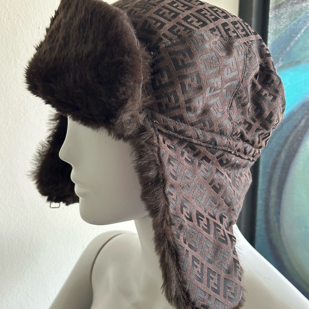 RARE FENDI Brown logo rabbit-fur lined trapper Hat with Plush Fur Material